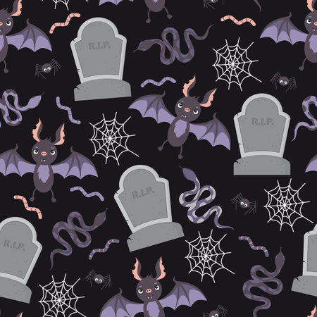 Vector seamless pattern with bats and gravestones on a black background. Background for Halloween.のイラスト素材