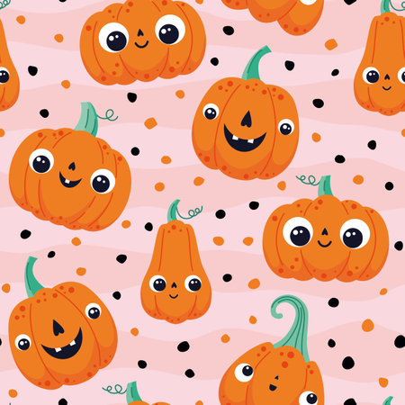 Vector seamless background with cute pumpkins and dots. Pattern for Halloween with funny pumpkins.のイラスト素材