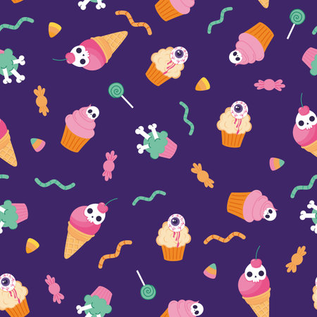 Seamless vector pattern for Halloween with sweets. Background with sweets for wrapping paper, fabric.のイラスト素材