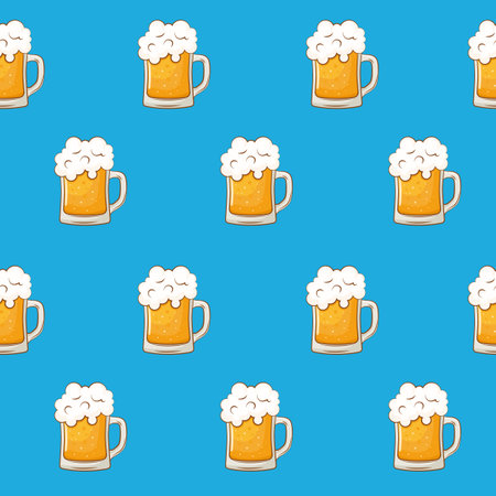 Vector seamless background with glasses of beer. Glass of beer on a blue background. Pattern for fabric, wrapping paper.のイラスト素材