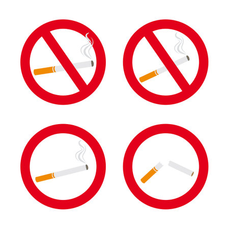 No smoking sign. Broken cigarette. Smoking area. Set of icons with cigarettesのイラスト素材