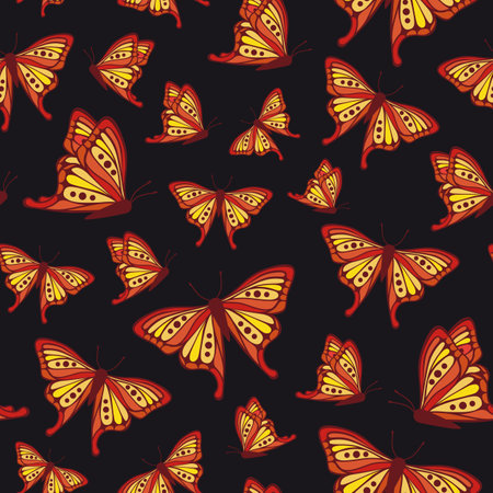 Vector seamless background with red butterfly. Background with butterflies on black. Background for fabric, wallpaper, scrap paper, prints.のイラスト素材