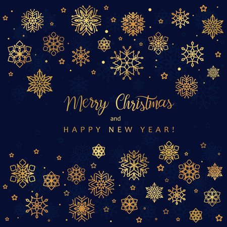 Vector Merry Christmas banner with golden snowflakes. Christmas greeting card.のイラスト素材