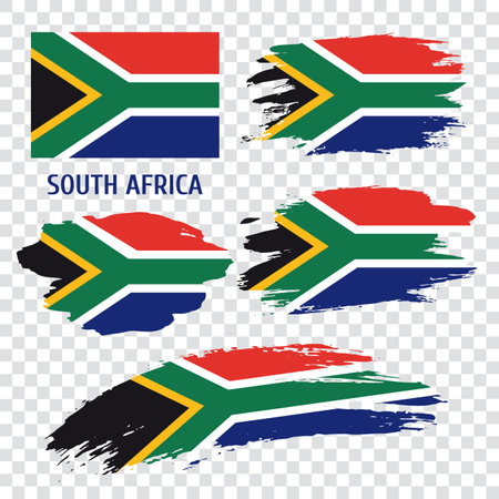 Set of vector flags of South Africa. South Africa flag drawn with a brush. Flag in grunge style.のイラスト素材