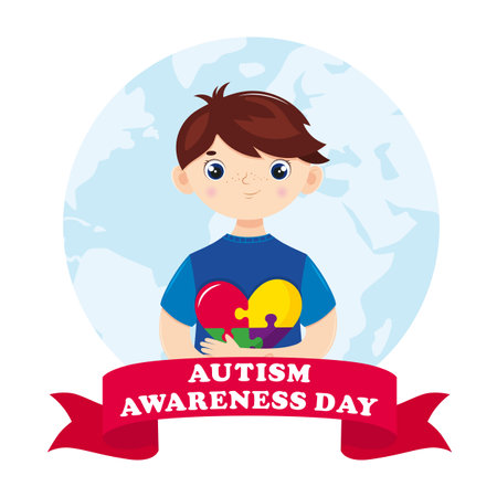 World Autism Awareness Day illustration. World Autism Day. Boy with a heart in his hands.のイラスト素材