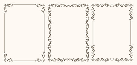 Set of frames with swirls in vintage style. Frames for a wedding invitation, menu, certificate, diploma.のイラスト素材