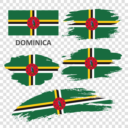 A set of flags of Dominica. The flag of Dominica is painted with a grunge style brush.のイラスト素材