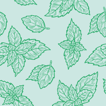 Pattern with mint leaves. Mint leaves on a green background. Pattern for fabric or wrapping paper.のイラスト素材