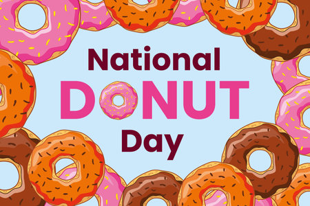 National Donut Day greeting card. Greeting card with pink, brown and orange donuts.のイラスト素材