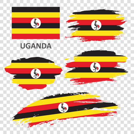 Set of flags of Uganda. Uganda flags drawn with a brush. Flag in grunge style.のイラスト素材