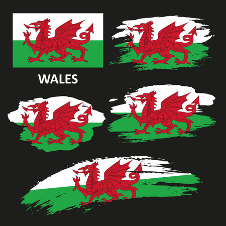 Set of flags of Wales. Flag of Wales painted with a brush in a grunge style.のイラスト素材