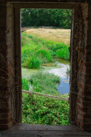 A View From A Derelict Building Out Of A Door Frame Onto A Pand And Grass, Portrait Orientation