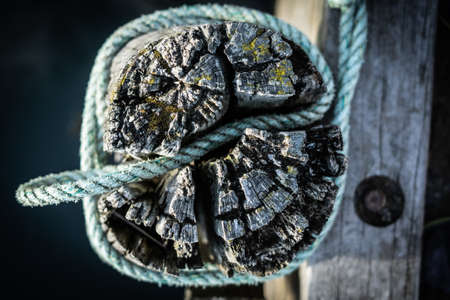 The Top Of A Cracked, Wooden, Moss Covered Support Post At A Dock, Tied With Rope, Landscape...