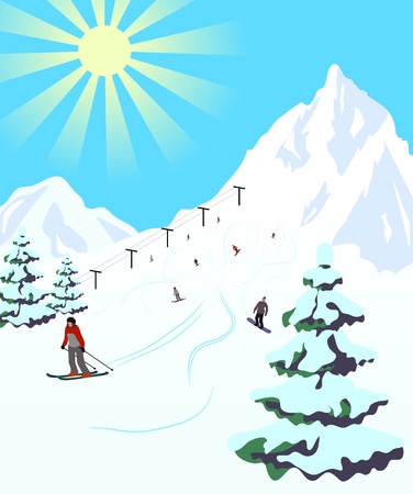 Illustration of winter sport resort. Landscape with snow mountains and skiers.のイラスト素材