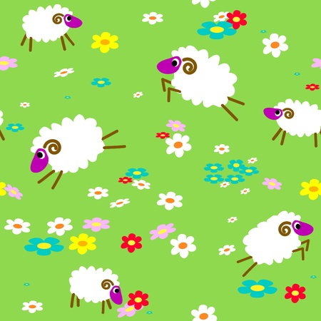 Seamless with sheep in the meadow with flowersのイラスト素材