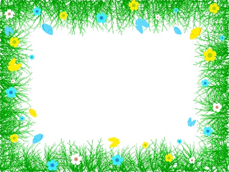 Spring border of twigs, flowers and butterflies on white backgroundのイラスト素材
