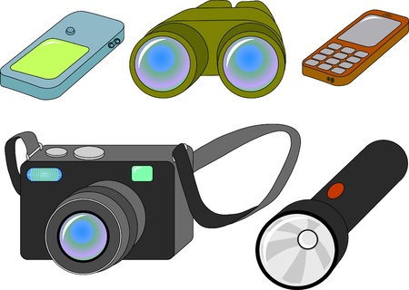 Set of devices: navigator, cellphone, binocular, photo cam and electric torchのイラスト素材