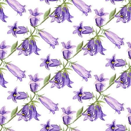 Seamless pattern with watercolor garden bluebells on white background. Good design for textile, wallpaper, backdrop, casing-paper etc.の写真素材