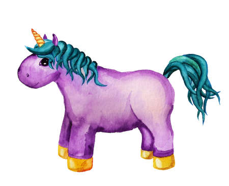 Watercolor image of cute cartoon purple unicorn with turquoise mane ans tail on white backgroundの写真素材