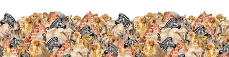 Decorative seamless bottom border with watercolor images of african animals on white background