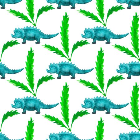Seamless pattern with dinosaurs on white background. Prehistoric animals concept. Good design for textile, wrapping paper, backdrop or wallpaper.の写真素材