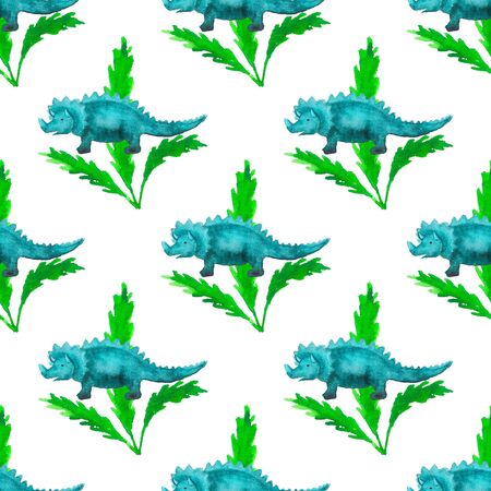 Seamless pattern with dinosaurs on white background. Prehistoric animals concept. Good design for textile, wrapping paper, backdrop or wallpaper.の写真素材