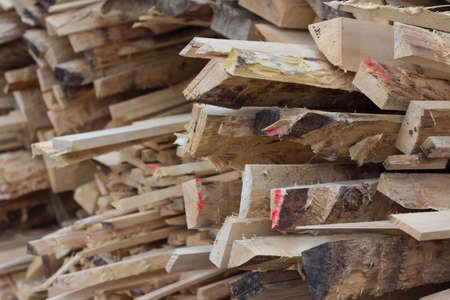 Pile of wood in forest and sawmill