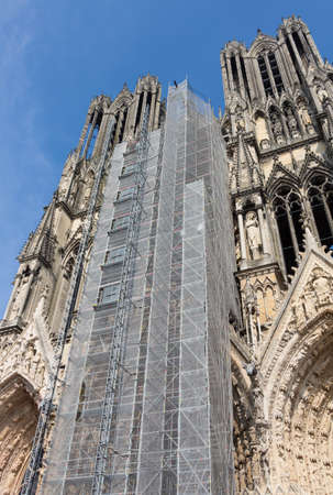 Cathedral under construction with scaffoldingの写真素材