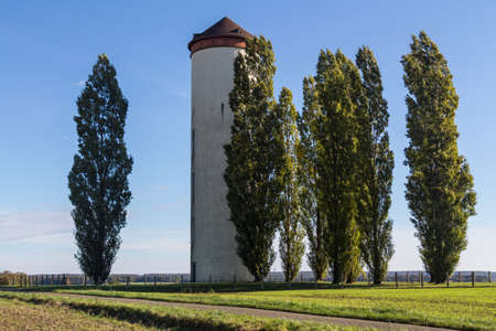 Water tower and trees along the roadの写真素材