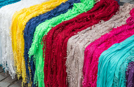 Display of scarves in a marketの写真素材