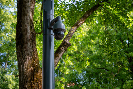 Security camera on a street lamp in the city. Green background.