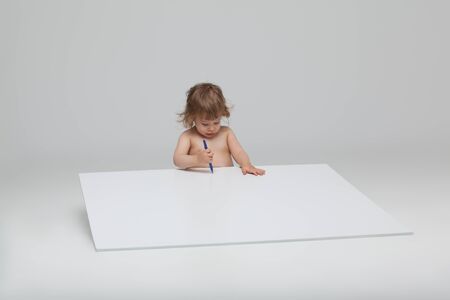 cute child drawing happy a board messageの写真素材