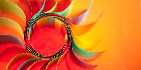macro image of colorful curved sheets of paper shaped like a flower, on orange backgroundの写真素材