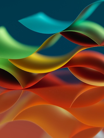 background macro image of colored origami pattern made of curved sheets of paper, with mirror...