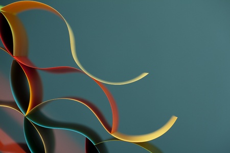 background macro image of colorful origami pattern made of curved sheets of paper, on blue...