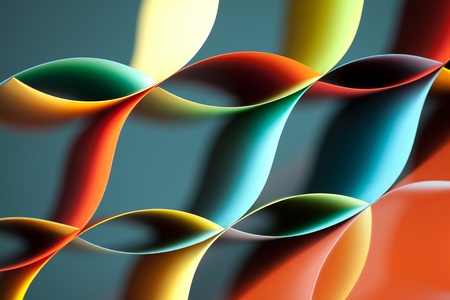 background macro image of colorful origami pattern made of curved sheets of paper, on blue...