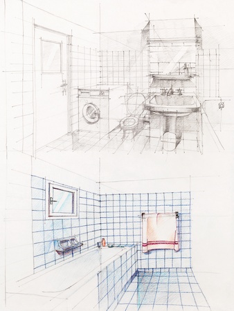 interior hand drawn perspetive of an apartment bathroomの写真素材