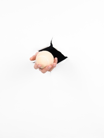 close-up of female hand holding a tennis ball through a torn white paper, isolatedの写真素材