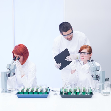 close-up  of a teacher in a chemistry lab supervising the activity on two students analyzing plants on a lab table and  observing reactions under microscopeの写真素材