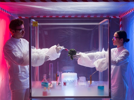 two scientists, a man and a woman, conducting chemical experiments on a piece of vegetable in a protection enclosure, in a containment tentの写真素材