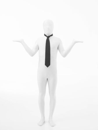 Business man dressed in white leotard with black tie standing straight with hands raised, wondering gestureの写真素材