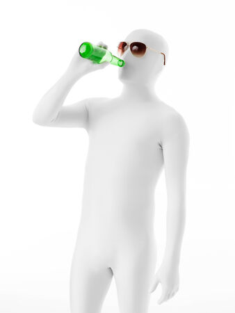 faceless man with sunglasses dressed in white suit, drinking beerの写真素材
