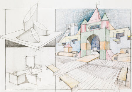 colored architectural sketch with geometrical shapes blocks, drawn by handの写真素材