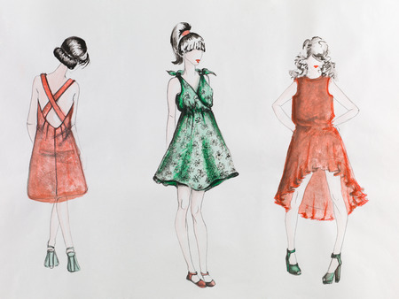 hand drawn illustration of fashion models wearing dresses on catwalkの写真素材