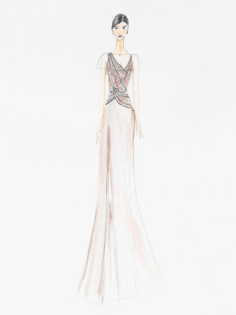 fashion sketch. woman in long colored dress. watercolor and pencil drawingの写真素材