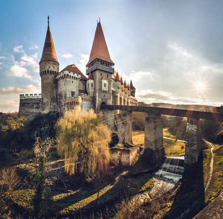 Hunedoara, Romania- February 20, 2016: Gothic Corvin castle from Hunedoara city, Transylvania area, unique and one of seven wonders of Romania , on 20 February 2016のeditorial素材