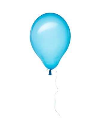 blue transparent balloon with ribbon flying on isolated on white backgroundの写真素材