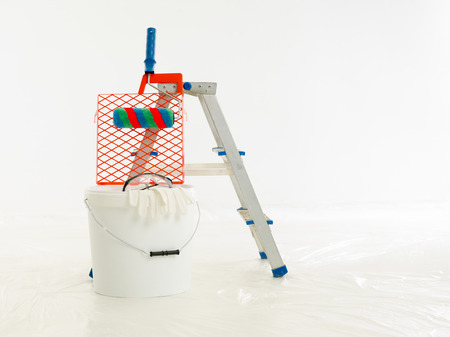 Construction brush, roller, aluminium ladder. The renovation of the house, home repairs....
