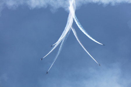 USA, Chicago - August 19: The Blue Angels F/A-18 Hornets fly at Chicago Air and Water Show, on August 19, 2017のeditorial素材