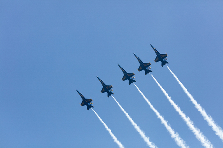 The Blue Angels F/A-18 Hornets fly in a tight  formation at Chicago Air and Water Show, on August 19, 2017のeditorial素材